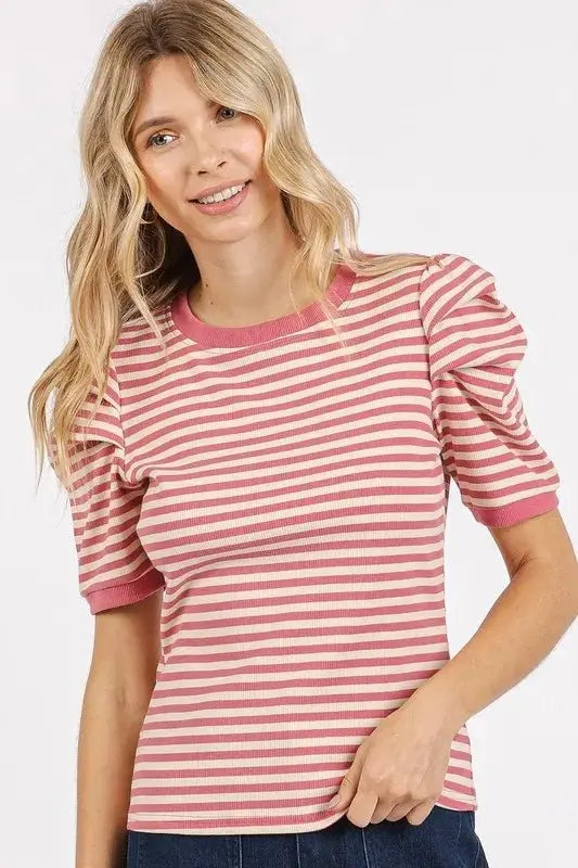 Mittoshop Striped Round Neck Puff Sleeve T-Shirt for Women - Love Salve